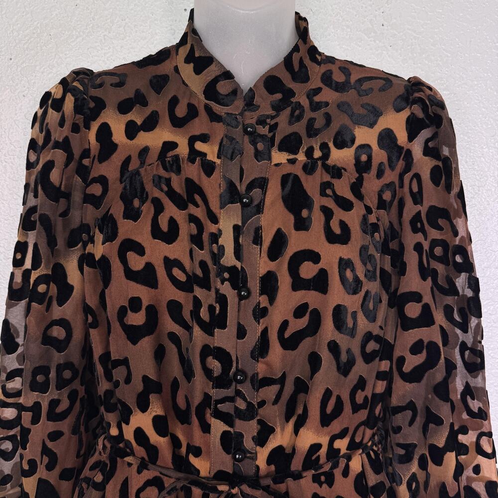 CIEBON Dress Womens XS Leopard Shirt Dress Belted Chiffon Puff Sleeve Brown NEW - Picture 5 of 10